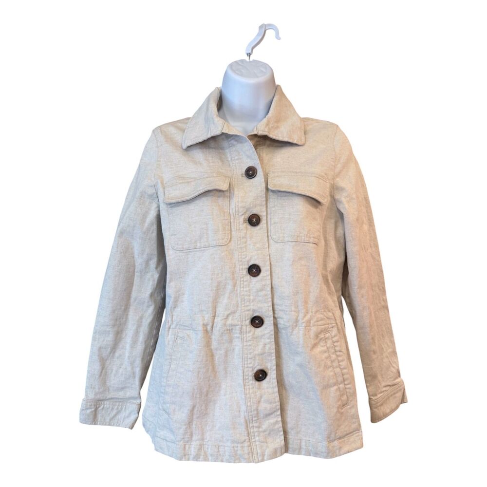 Chico's Safari Jacket Linen Blend Utility Jacket Tan Button Front Size 1 Medium
